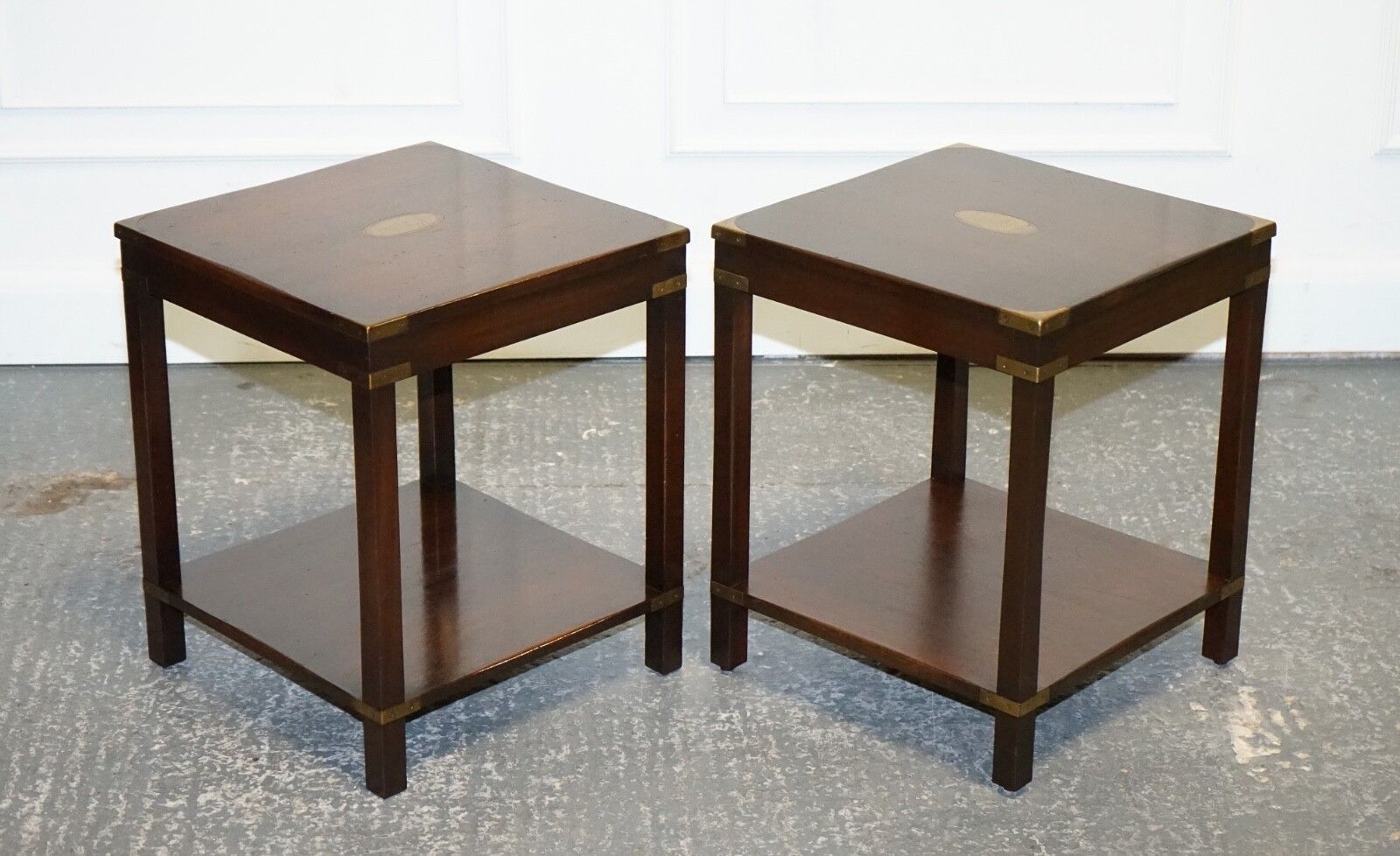 Fine English Pair Of Bevan Funnell Military Campaign Nightstands End Side Tables photo furniture