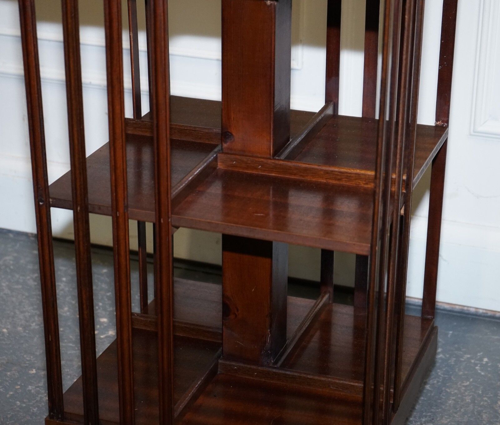 photo for sale Mid Centry Sheraton Revival Inlaid Revolving Bookcase End Table On Castors