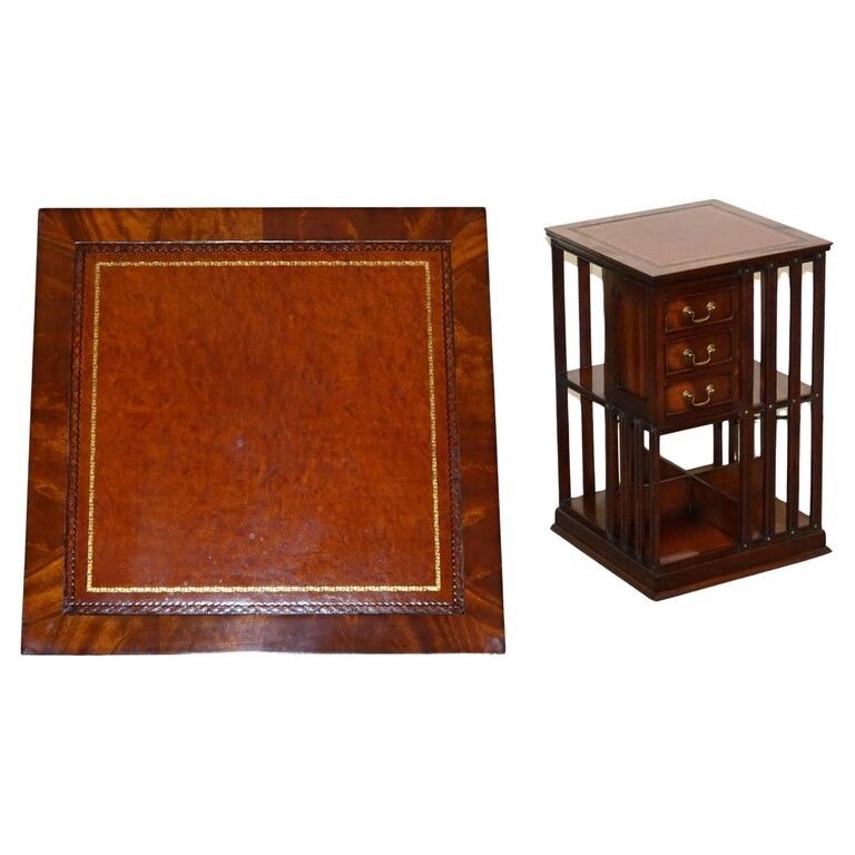 Stunning Revival Inlaid Revolving Bookcase End Table With Brown Aged Leather Top