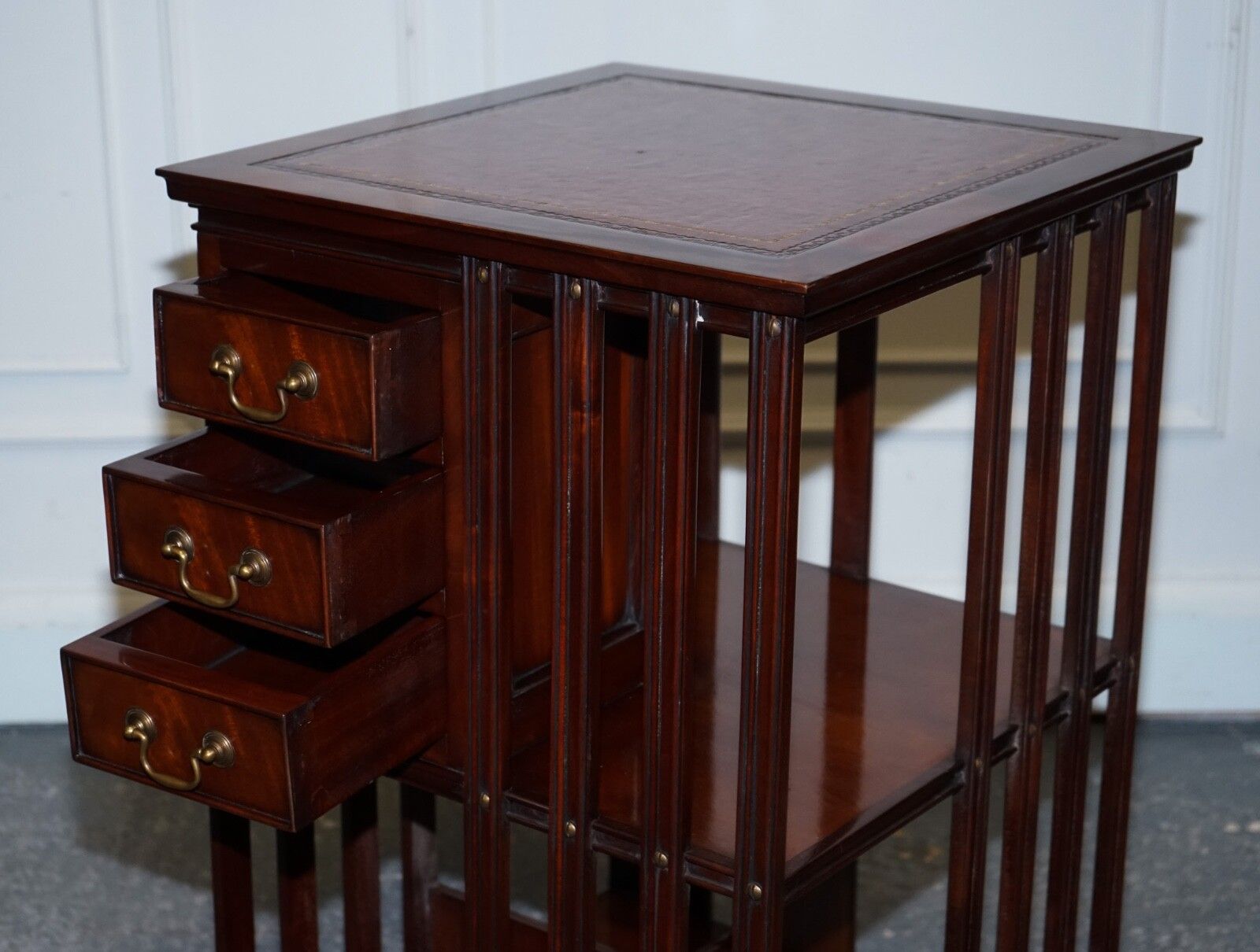 photo for sale Stunning Revival Inlaid Revolving Bookcase End Table With Brown Aged Leather Top