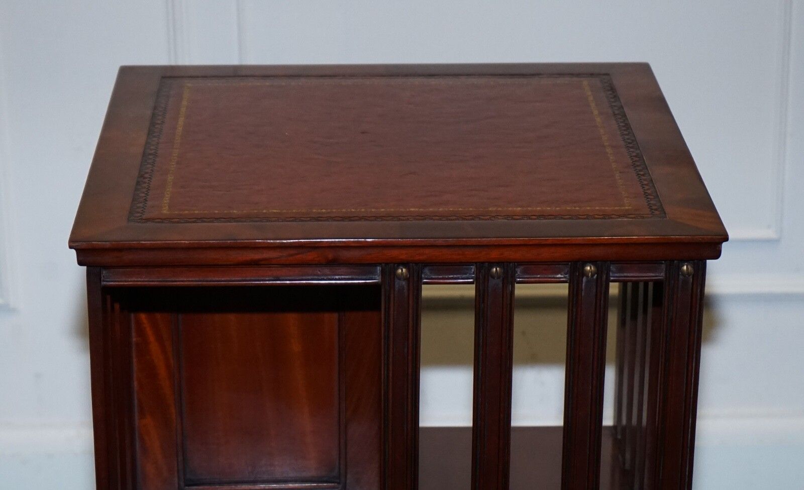 1350.0 Stunning Revival Inlaid Revolving Bookcase End Table With Brown Aged Leather Top photo