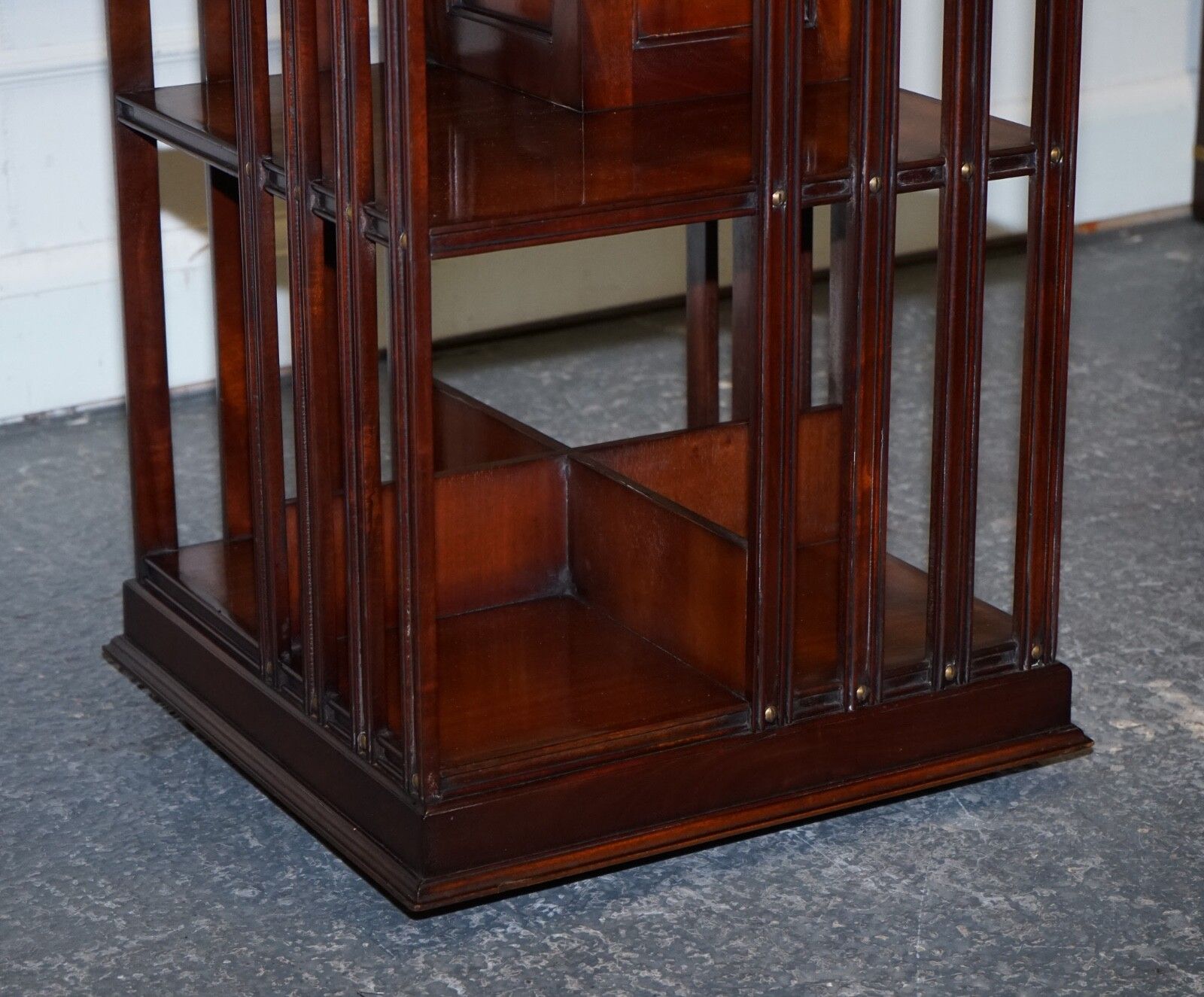 photo vintage Stunning Revival Inlaid Revolving Bookcase End Table With Brown Aged Leather Top
