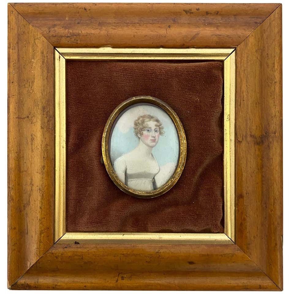 Wooden Framed Picture Of English Lady In White Frock, 19th Century