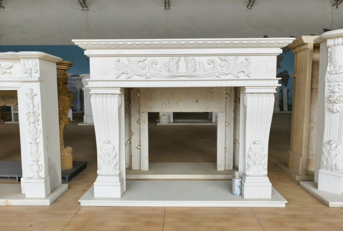 Refined Neoclassical Hand Carved White Marble Composite Fireplace Mantle photo furniture