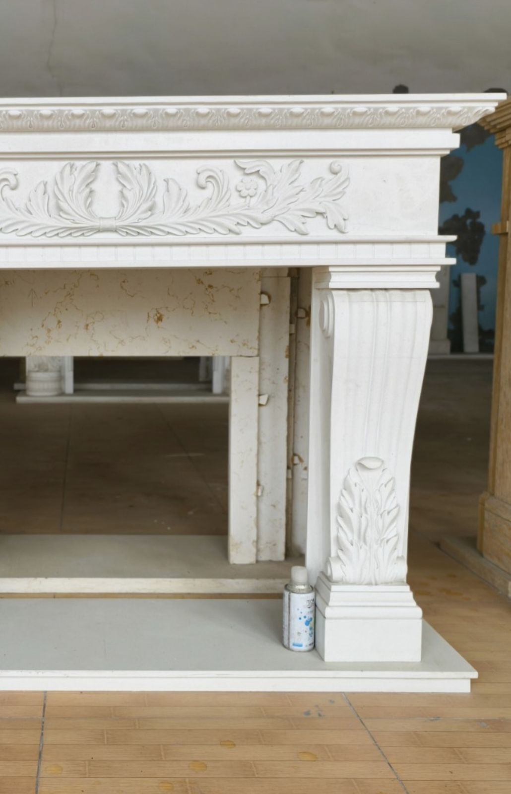 Refined Neoclassical Hand Carved White Marble Composite Fireplace Mantle photo Home Fixtures
