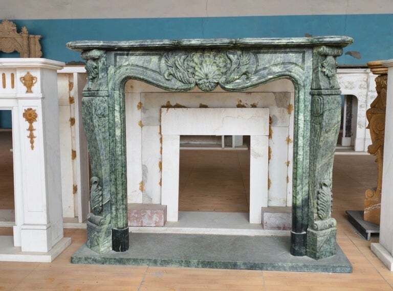 Rare Hand Carved Green Marble Fireplace Mantle With Shell And Foliate Motif photo furniture