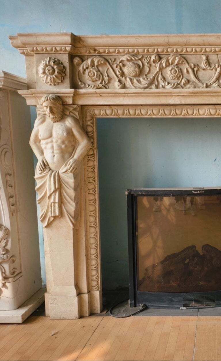 Imposing Hand Carved Fireplace Mantle With Male Caryatids And Classical Frieze photo for sale