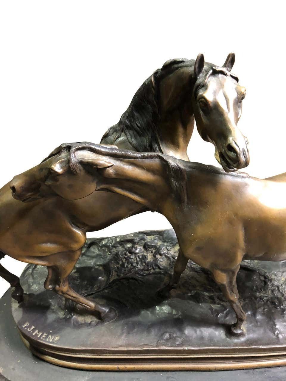 French Patinated Miniature Bronze Figure Of Two Horses By P.J. Mene photo Art