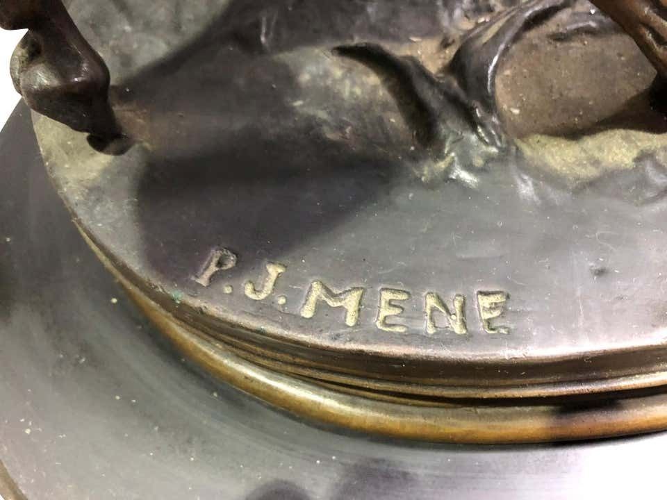 French Patinated Miniature Bronze Figure Of Two Horses By P.J. Mene photo buy