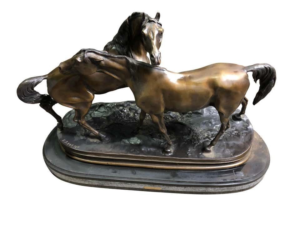 photo for sale French Patinated Miniature Bronze Figure Of Two Horses By P.J. Mene