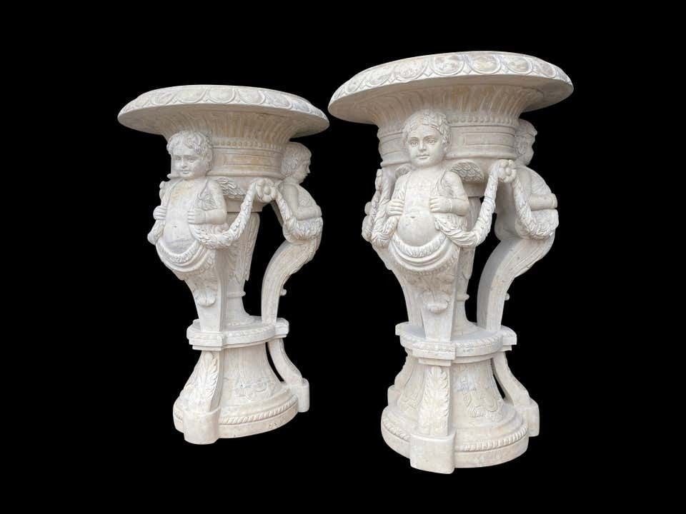 20th Century Large Pair Of Hand Carved Marble Planters photo vinterior