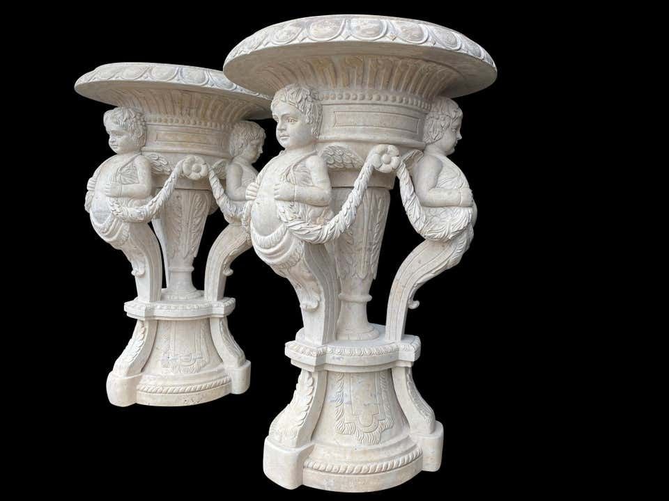 20th Century Large Pair Of Hand Carved Marble Planters photo buy
