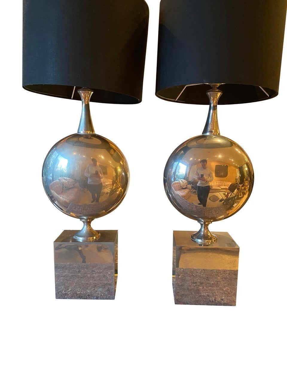 Maison Barbier Pair Of Chromed Steel Table Lamps, 1970s photo vintage