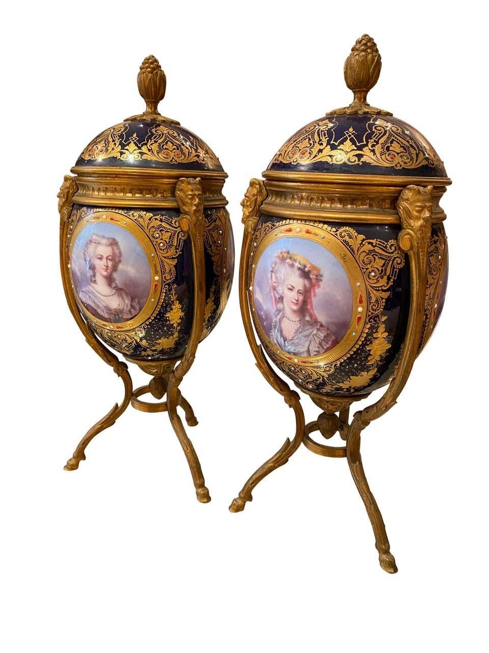 Antique Pair Of ‘Sèvres’ Style Ormolu Mounted Vases And Covers, 1860 photo for sale