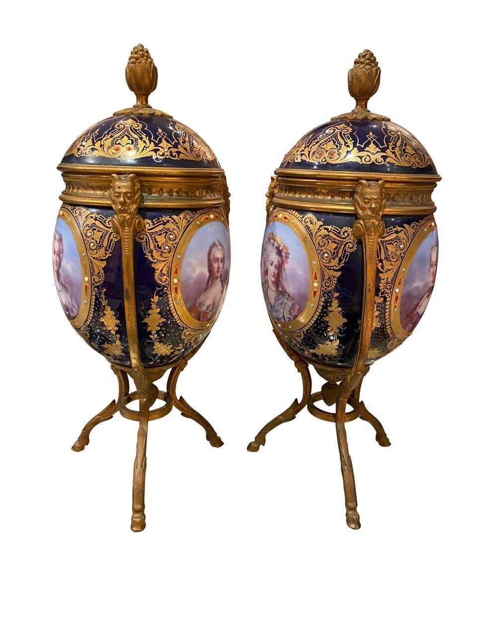 Antique Pair Of ‘Sèvres’ Style Ormolu Mounted Vases And Covers, 1860 photo vintage