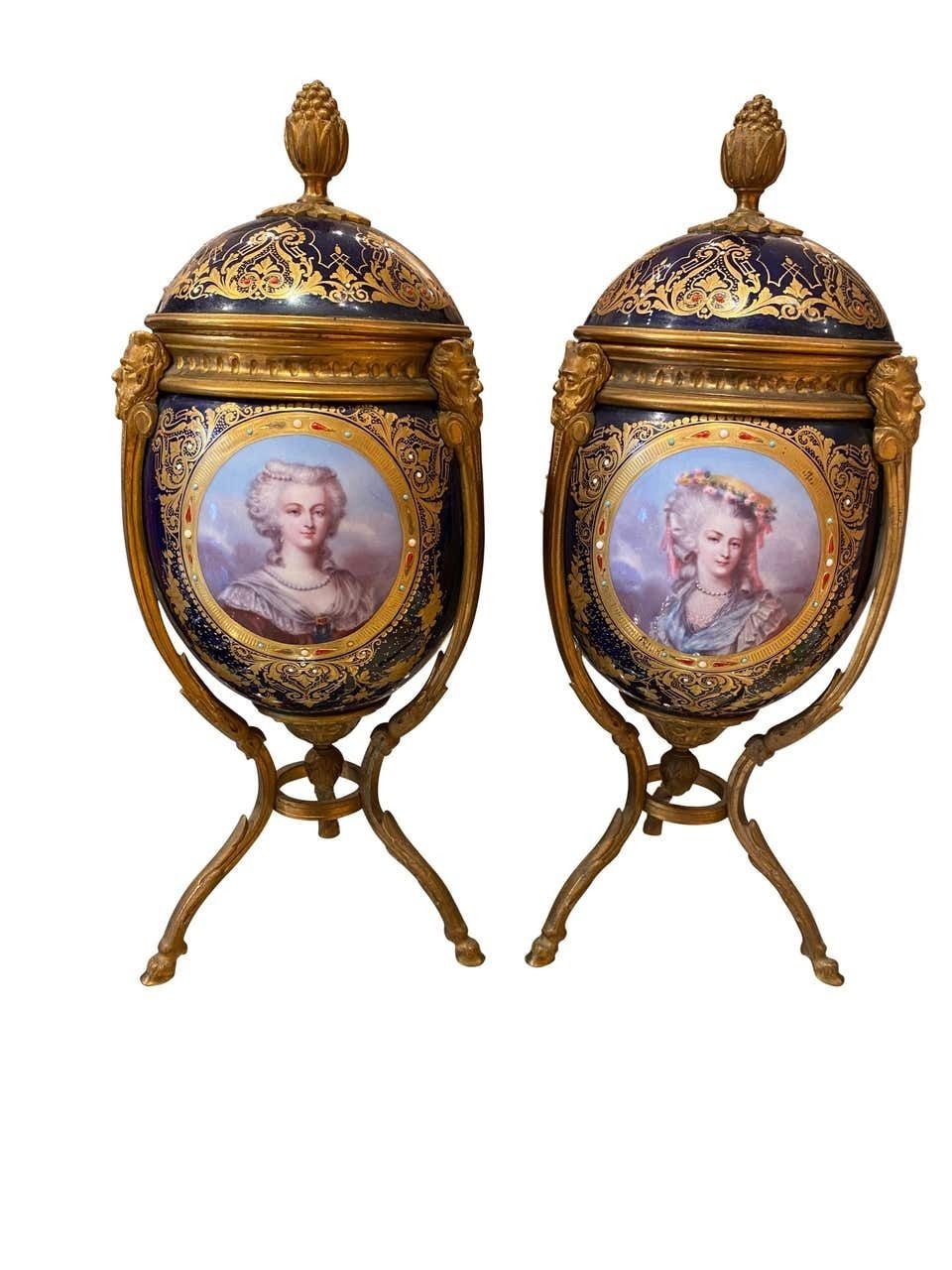 photo for sale Antique Pair Of ‘Sèvres’ Style Ormolu Mounted Vases And Covers, 1860