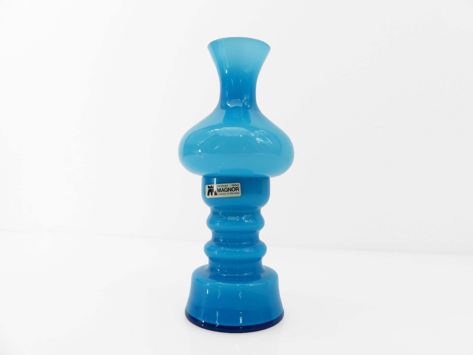 Turquoise Blue Opaline Glass Candleholder, Scandinavian Design, Magnor Glassverk, Norway, Circa 1960 photo furniture