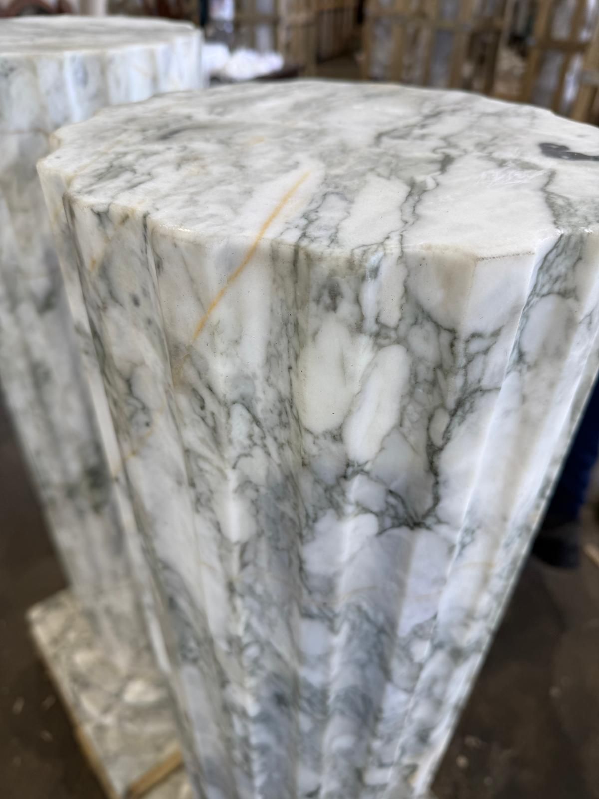 Pair Of Grand Fluted Verde Alpi Marble Columns On Stepped Bases photo for sale