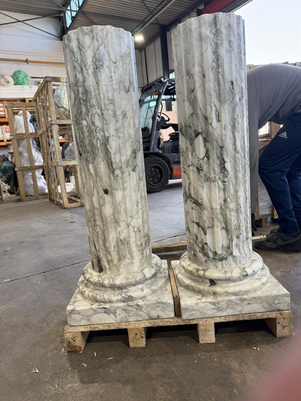 Pair Of Grand Fluted Verde Alpi Marble Columns On Stepped Bases photo Home Decor
