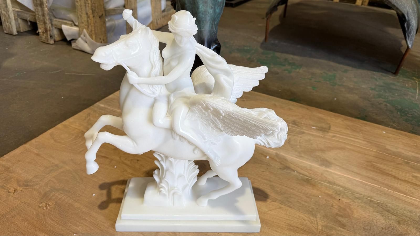 Exquisite Hand Carved White Marble Sculpture Of Pegasus And Rider photo buy
