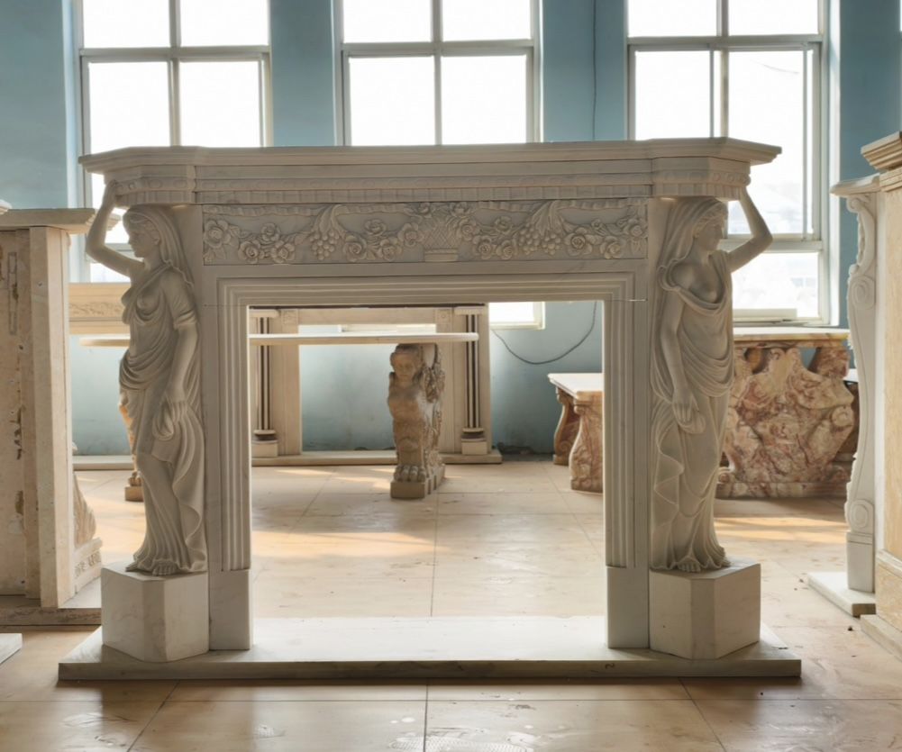 Monumental Neoclassical Hand Carved Marble Fireplace Mantle With Caryatid Figure