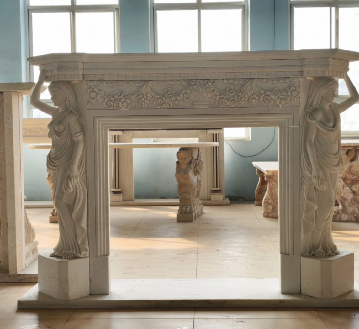 Monumental Neoclassical Hand Carved Marble Fireplace Mantle With Caryatid Figure photo furniture