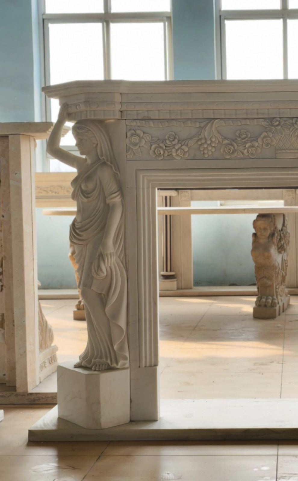 Monumental Neoclassical Hand Carved Marble Fireplace Mantle With Caryatid Figure photo for sale