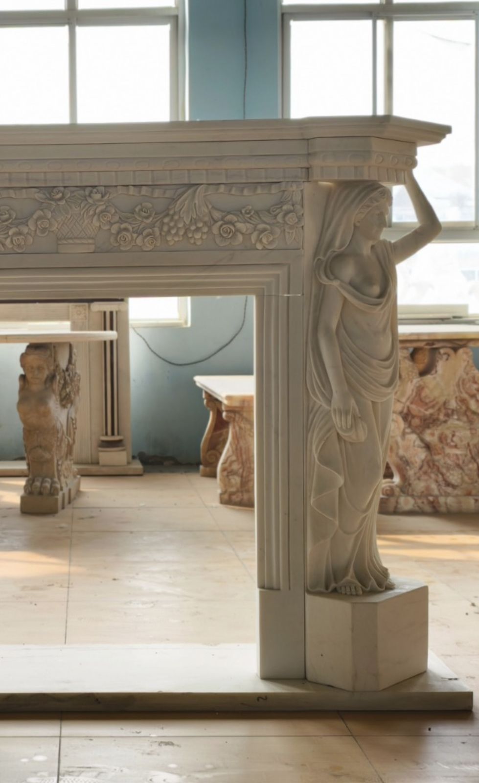 Monumental Neoclassical Hand Carved Marble Fireplace Mantle With Caryatid Figure photo 7500.0