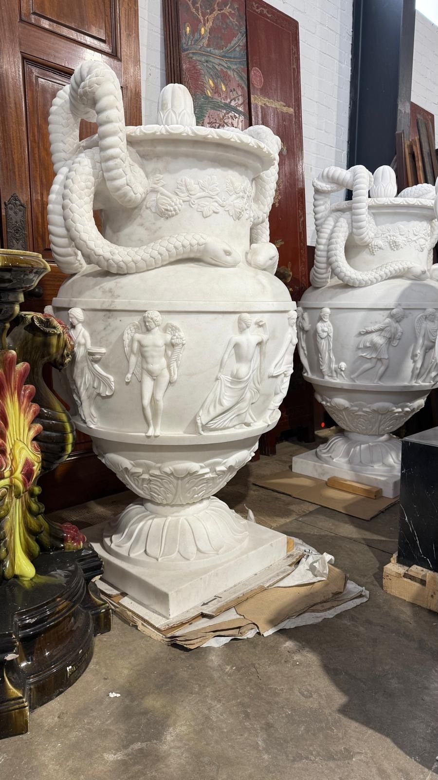 20th Century Greek Style White Carrara Marble Urns, Set Of 2