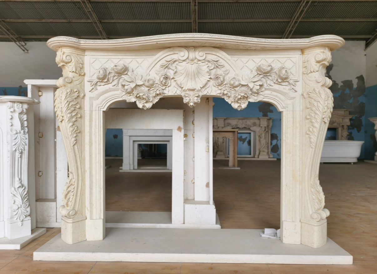 Lavish French Rococo Style Carved Fireplace Mantle With Floral Garland