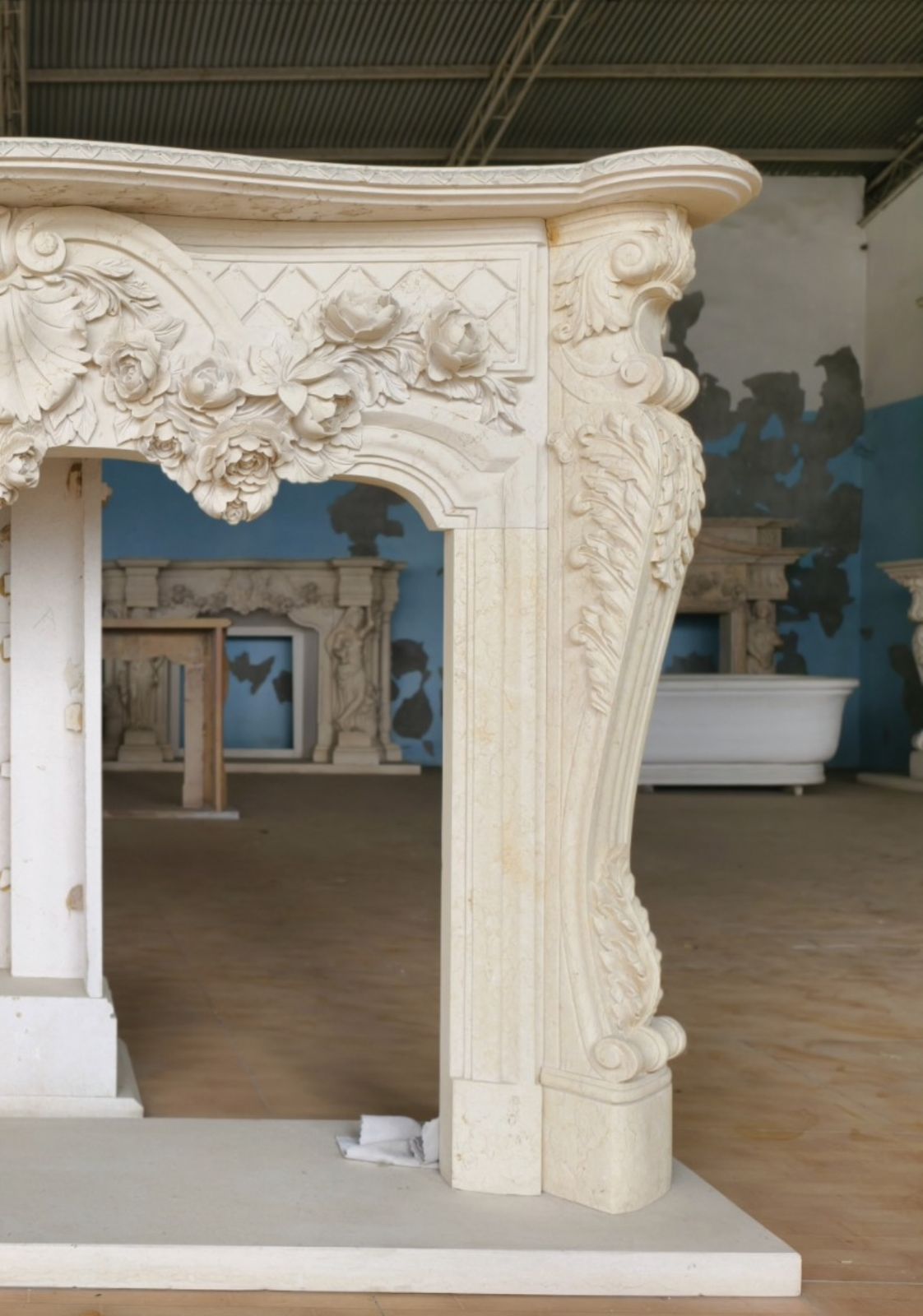 Lavish French Rococo Style Carved Fireplace Mantle With Floral Garland photo furniture