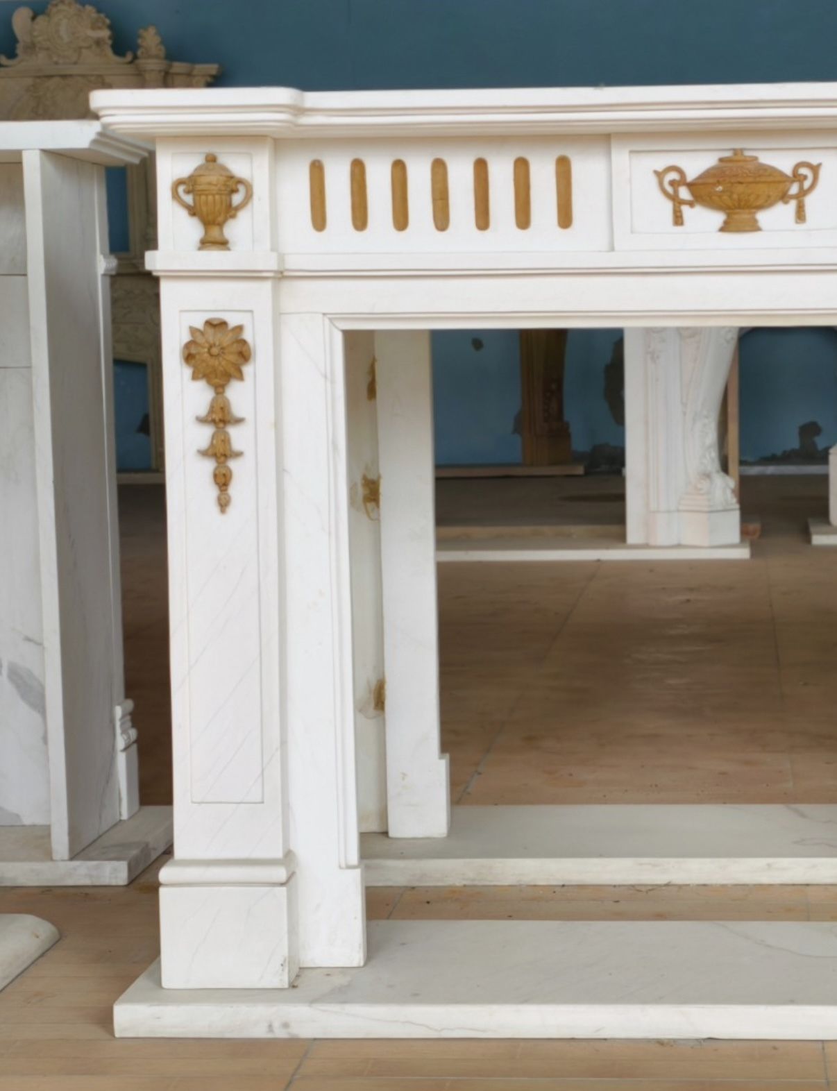 Neoclassical Hand Carved White Marble Fireplace Mantle photo for sale