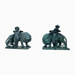 Pair Of Italian 1890s Bronze Lions And Cherubs Sculptures