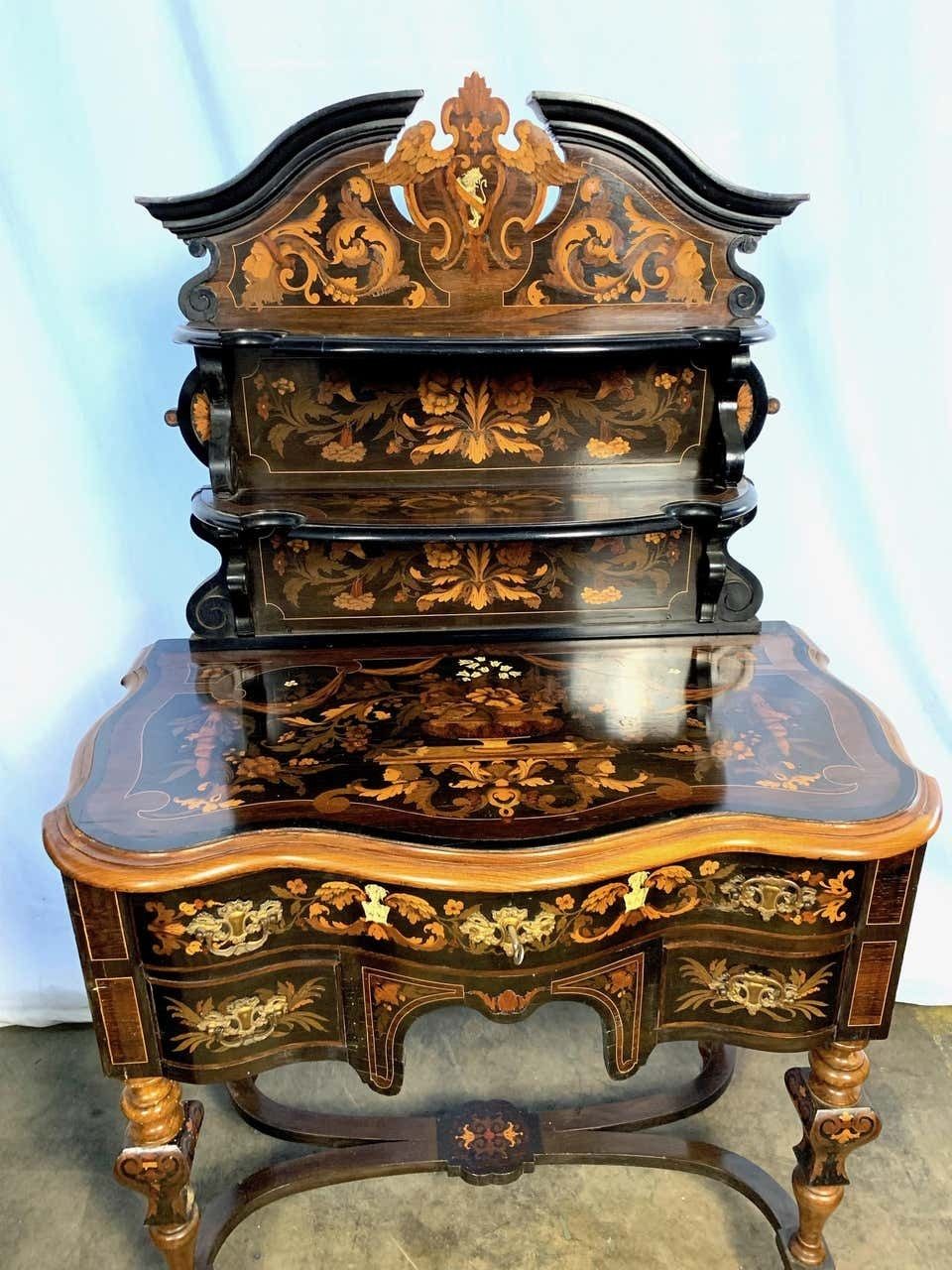 18th Century Dutch Marquetry Inlay Lowboy With Stretcher Base photo for sale