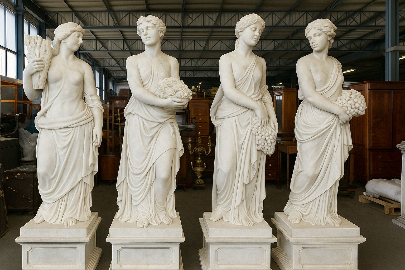 Set Of Four Seasons Solid Marble Sculptures On Marble Bases – Late 20th Century