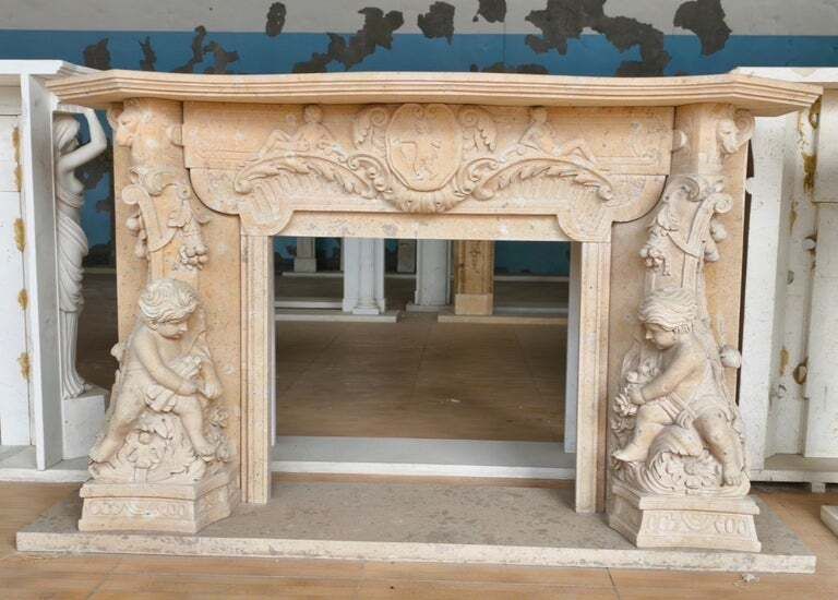 Romantic Hand Carved Fireplace Mantle With Cherubs And Shield Cartouch photo furniture