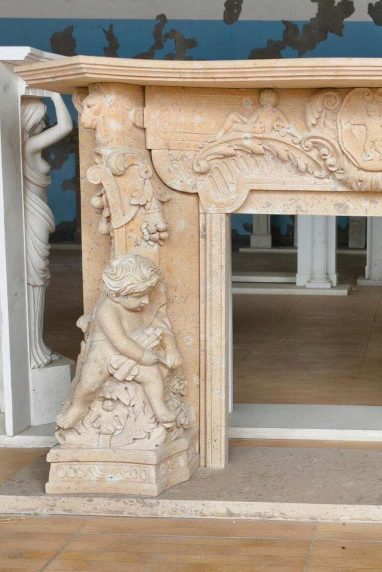 Romantic Hand Carved Fireplace Mantle With Cherubs And Shield Cartouch photo Home Fixtures