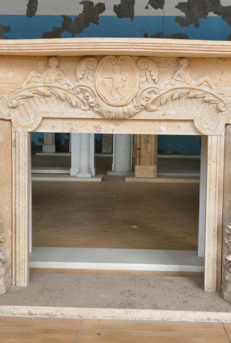 Romantic Hand Carved Fireplace Mantle With Cherubs And Shield Cartouch photo vinterior