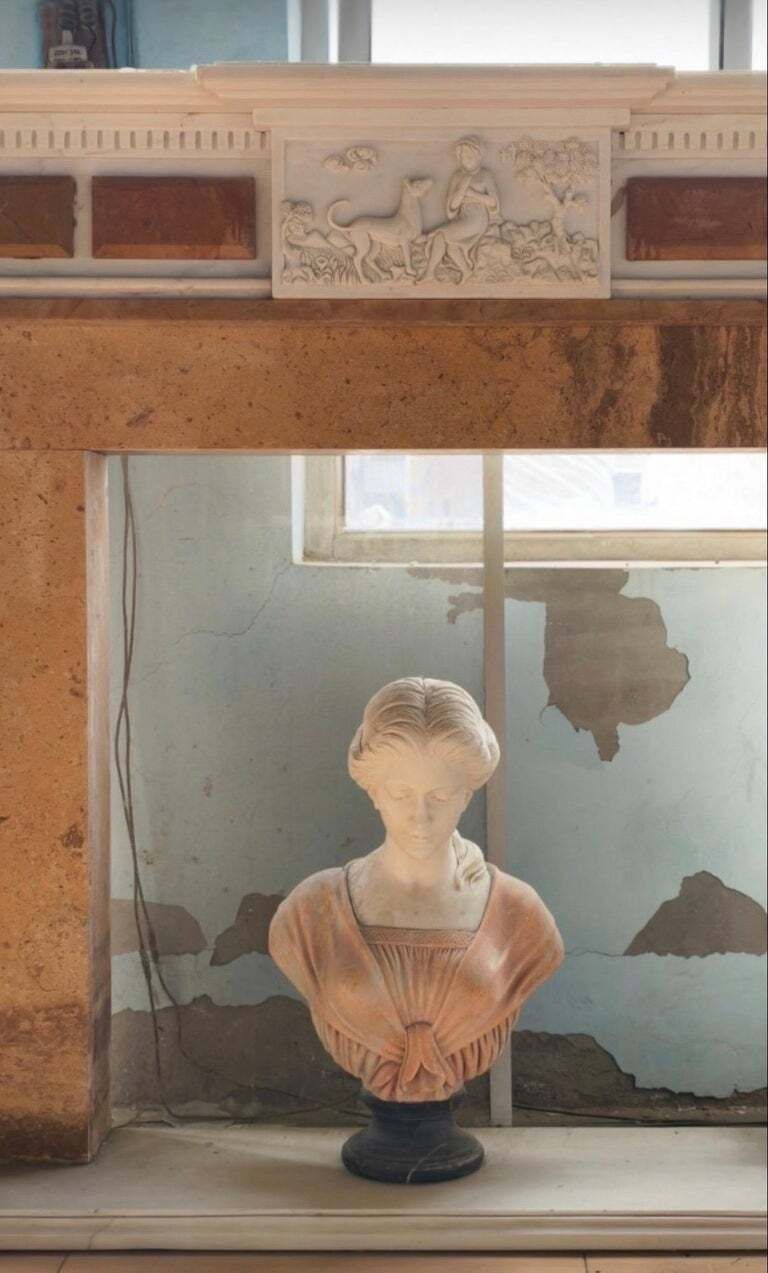 Elegant Neoclassical Marble Fireplace Mantle With Terracotta Inlay photo for sale