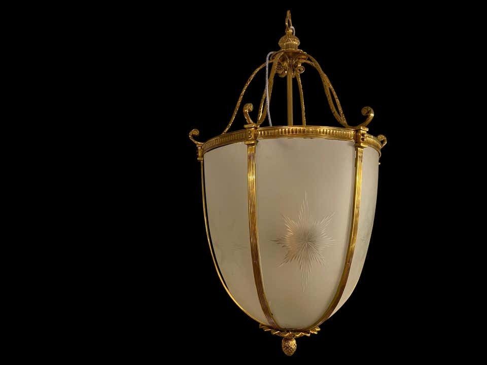 20th Century Large Hanging Frosted Glass And Ormolu Lantern photo furniture