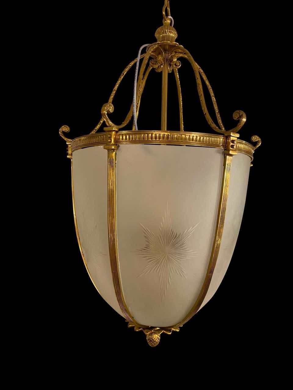 20th Century Large Hanging Frosted Glass And Ormolu Lantern photo vintage