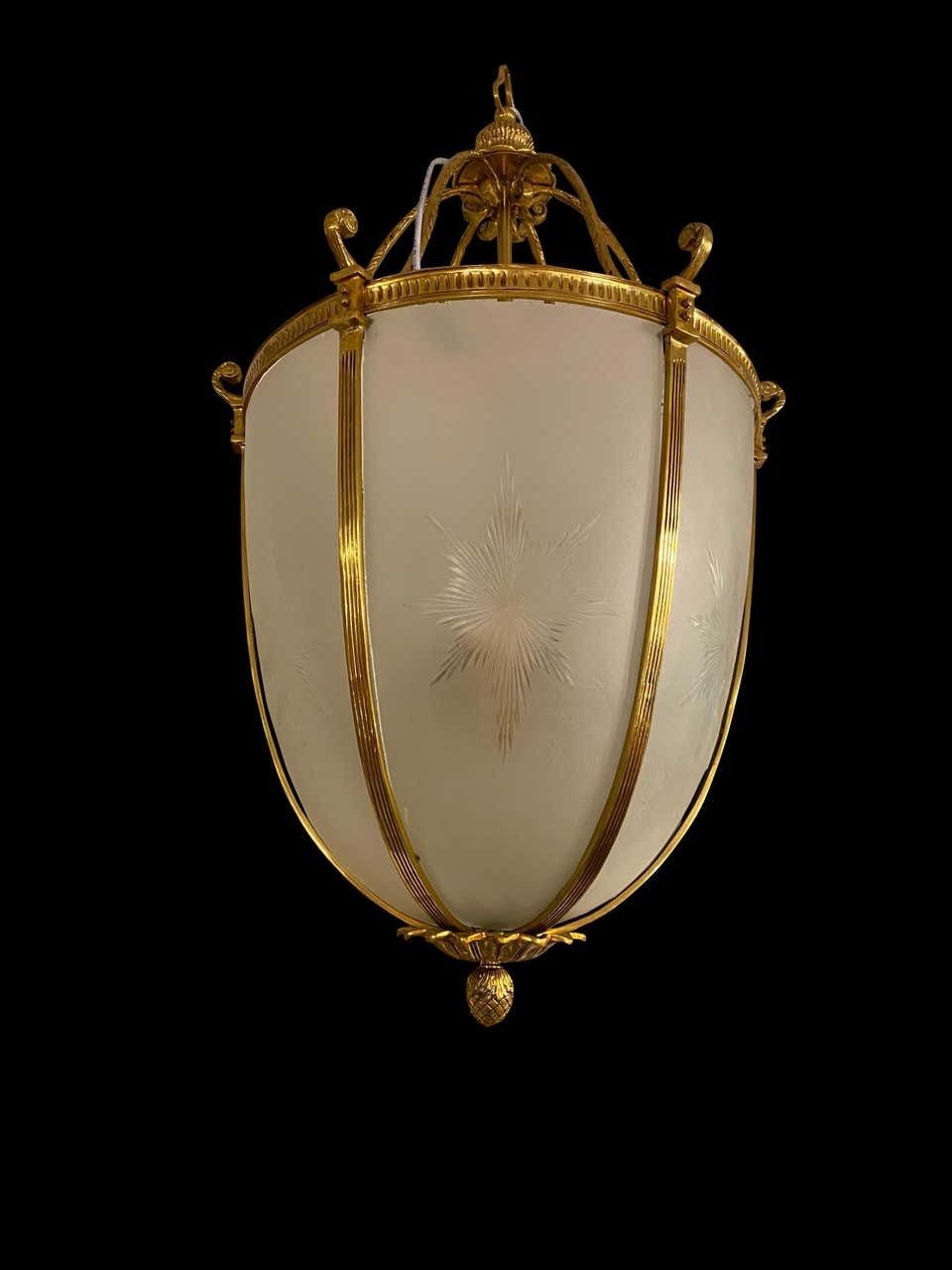 photo for sale 20th Century Large Hanging Frosted Glass And Ormolu Lantern