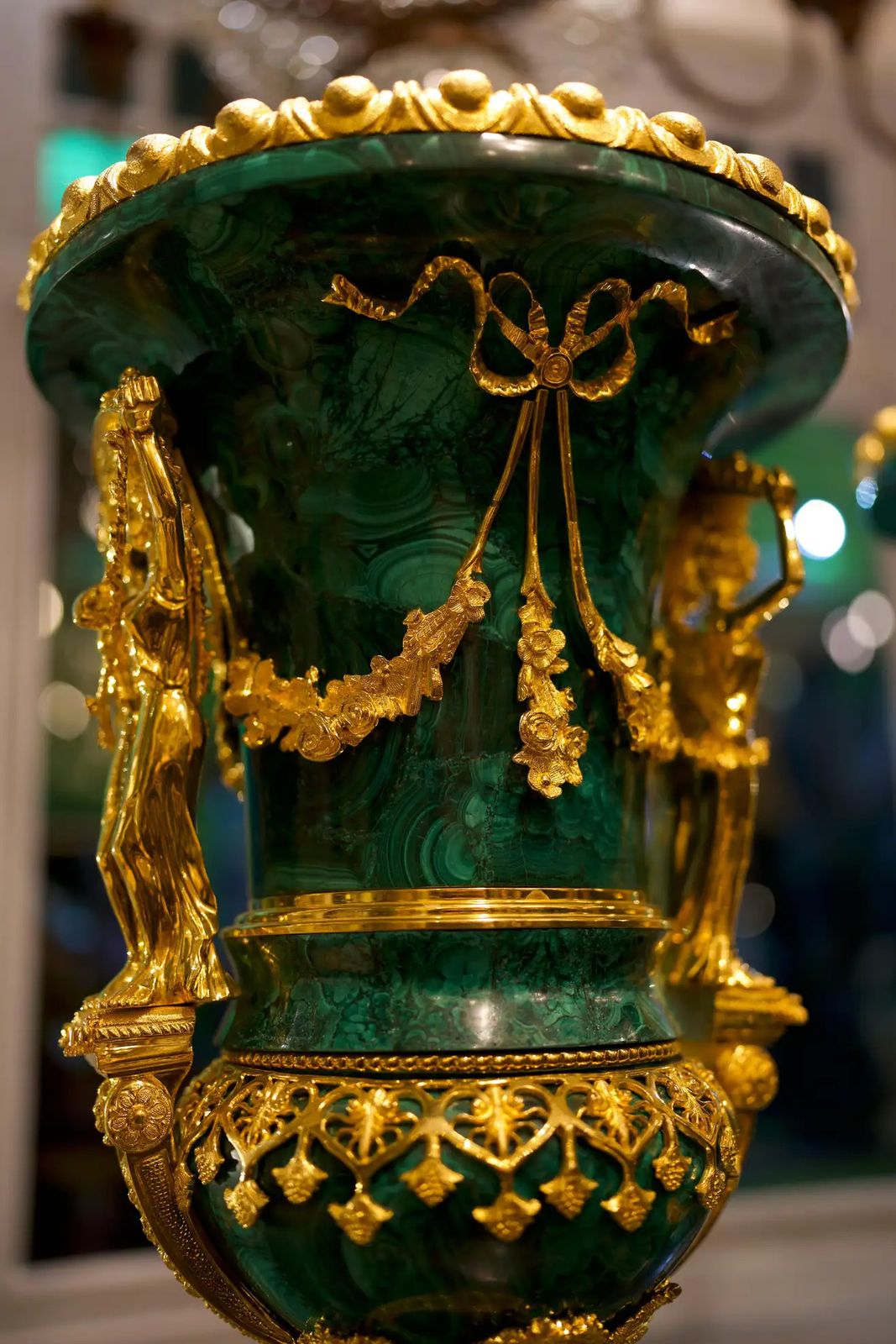 20th Century Pair Monumental Gilt Bronze Mounted Malachite Urns photo Home Decor