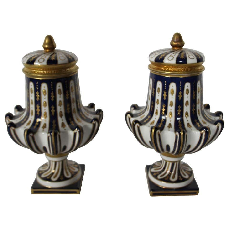 20th Century Pair Of Blue And White German Vases With Lids