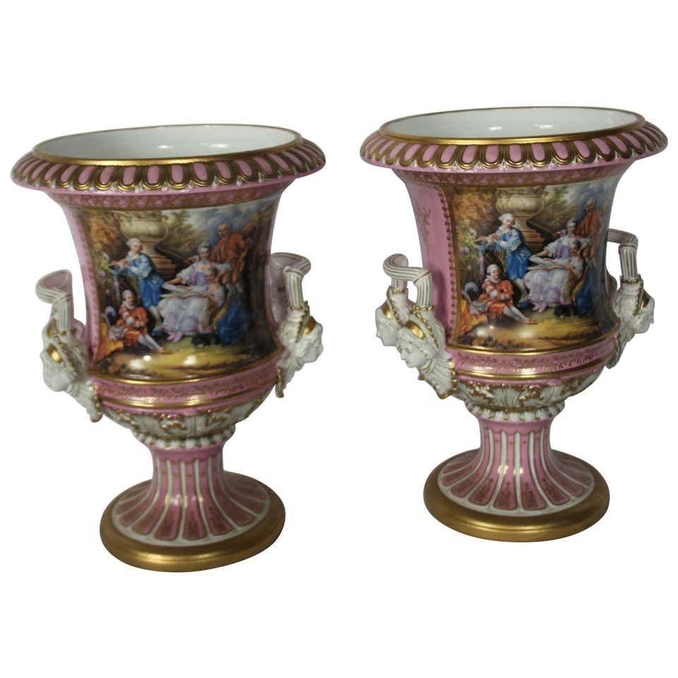20th Century Pair Of Sevres Porcelain Urns, Campana Shaped, Gilt Decoration