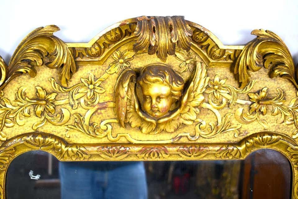 French Carved Wood And Gilt Cherub Acanthus Wall Mirror photo furniture