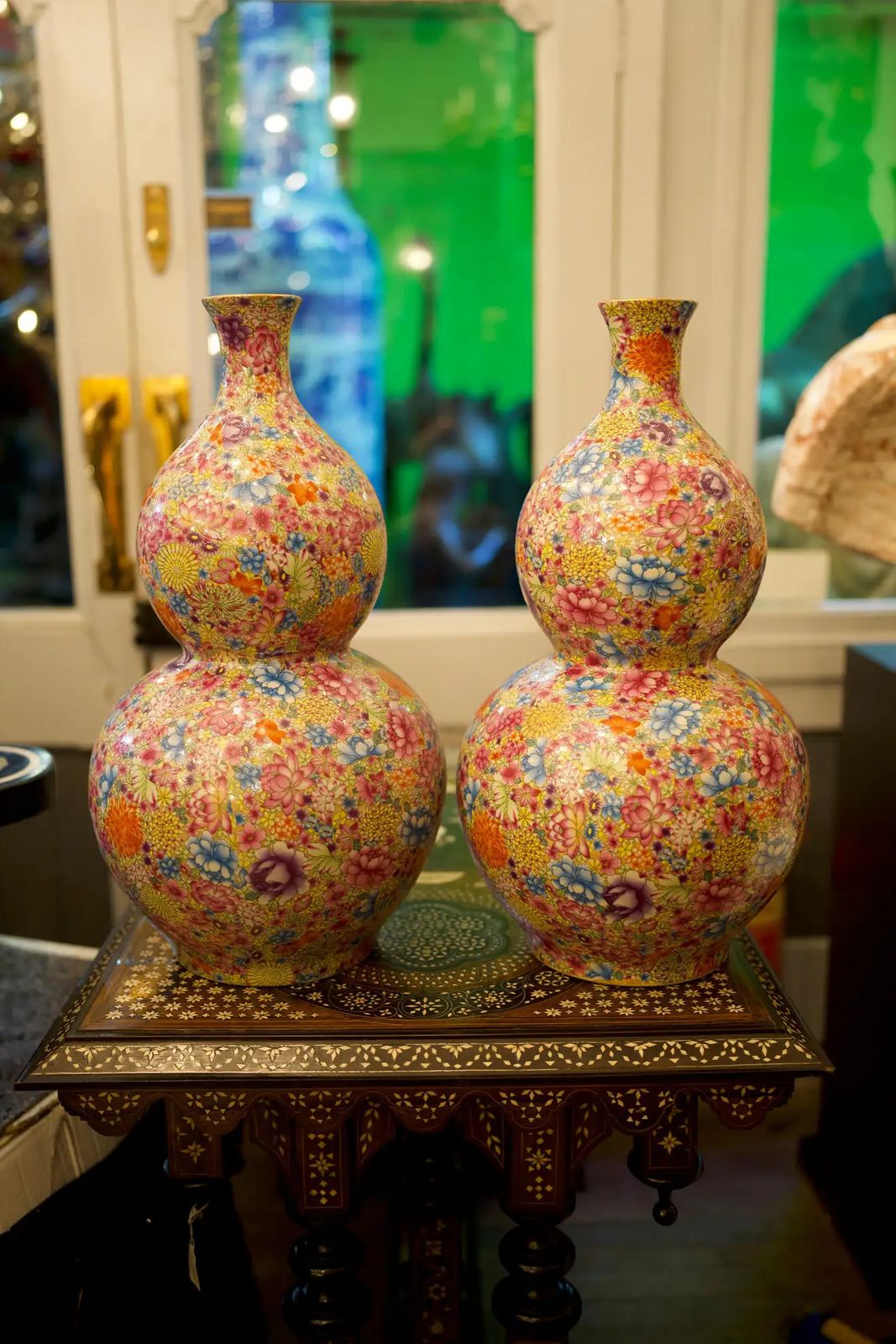 Pair Of Oriental Double Gourd Mille Fleur Vases, 20th Century photo furniture