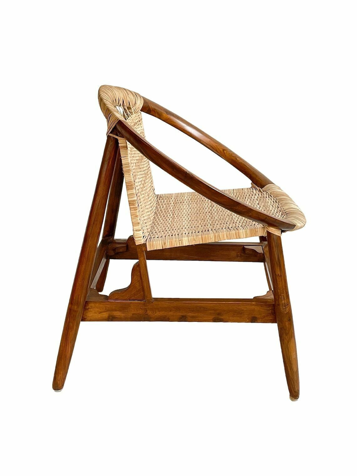 Handcrafted Teakwood & Cane Lounge Chair – Sculptural Curved Frame, Woven Seat For Indoor & Outdoor Use photo vinterior
