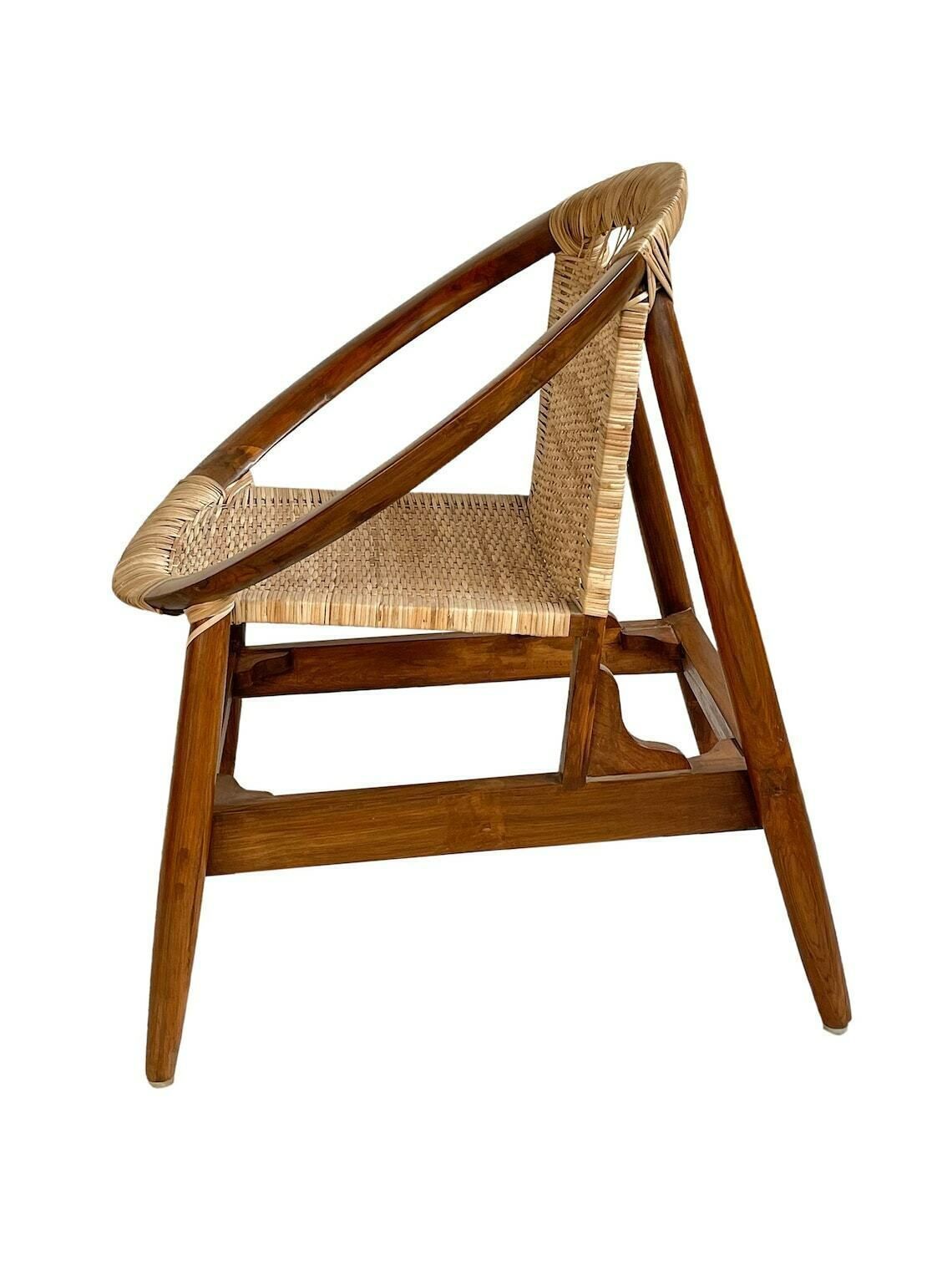 Handcrafted Teakwood & Cane Lounge Chair – Sculptural Curved Frame, Woven Seat For Indoor & Outdoor Use photo buy