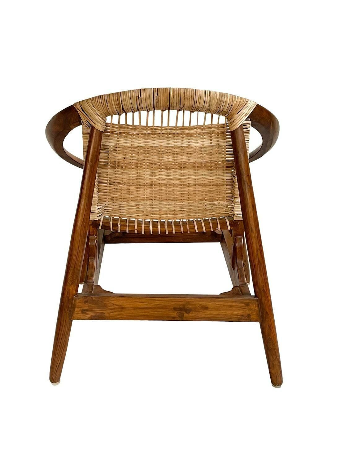 Handcrafted Teakwood & Cane Lounge Chair – Sculptural Curved Frame, Woven Seat For Indoor & Outdoor Use photo vintage
